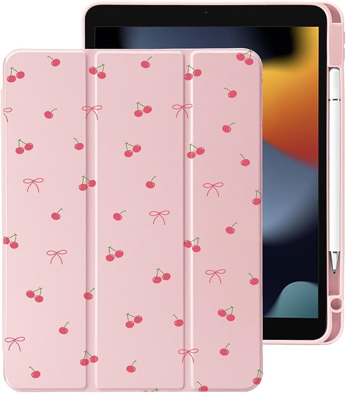 Cute Kawaii Cherry Bow for iPad Pro 11 Inch Case (M5/M4) 2025/2024 with Pencil Holder Auto Sleep/Wake Pink Leather Clear Acrylic Back Cover
