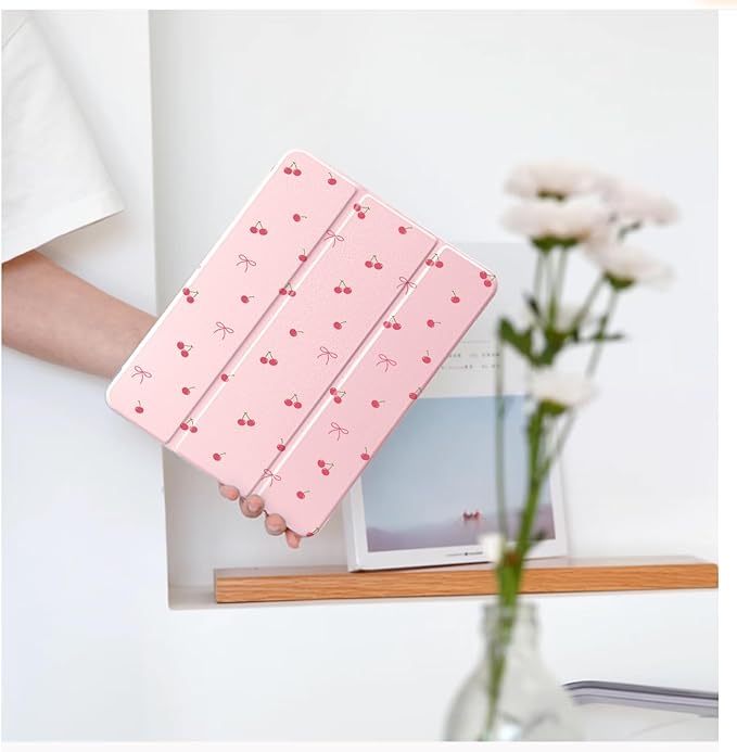 Cute Kawaii Cherry Bow for iPad Pro 12.9 Inch Case 5th/6th Generation 2022/2021/2020 with Pencil Holder Auto Sleep/Wake Pink Leather Clear Acrylic Back Cover
