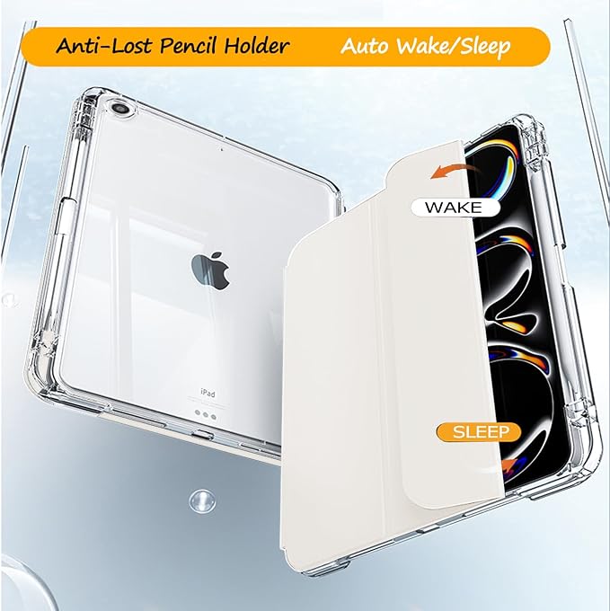 Case for iPad 9th/8th/7th Generation 2021/2020/2019 (10.2 inch) Case with Pencil Holder Slide Detachable Magnetic Trifold Stand Shockproof Slim Cute Clear Back Protective Cover (Cream)