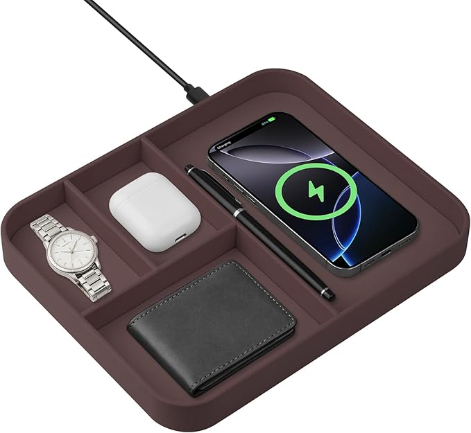 Faux Leather Valet Traywith 2 in 1 Wireless Charging Compatible with iPhone/17/16/15/15 Plus/15 Pro/15 Pro Max/14/13/12/Wireless earphonesOffice/Home Desk Organizers Tray-Brown