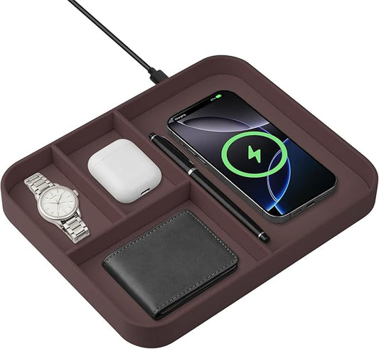 Faux Leather Valet Traywith 2 in 1 Wireless Charging Compatible with iPhone/17/16/15/15 Plus/15 Pro/15 Pro Max/14/13/12/Wireless earphonesOffice/Home Desk Organizers Tray-Brown