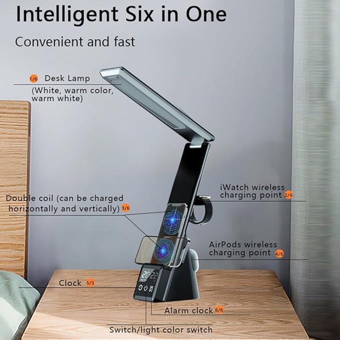 IHAO 6in1 Multifunctional Foldable LED Desk Lamp with Wireless Charger Digital Alarm Clock Eye-Care Lighting 3 Color Modes 15W Qi Charger for Phone/Headphones Apple Watch Compatible-Black