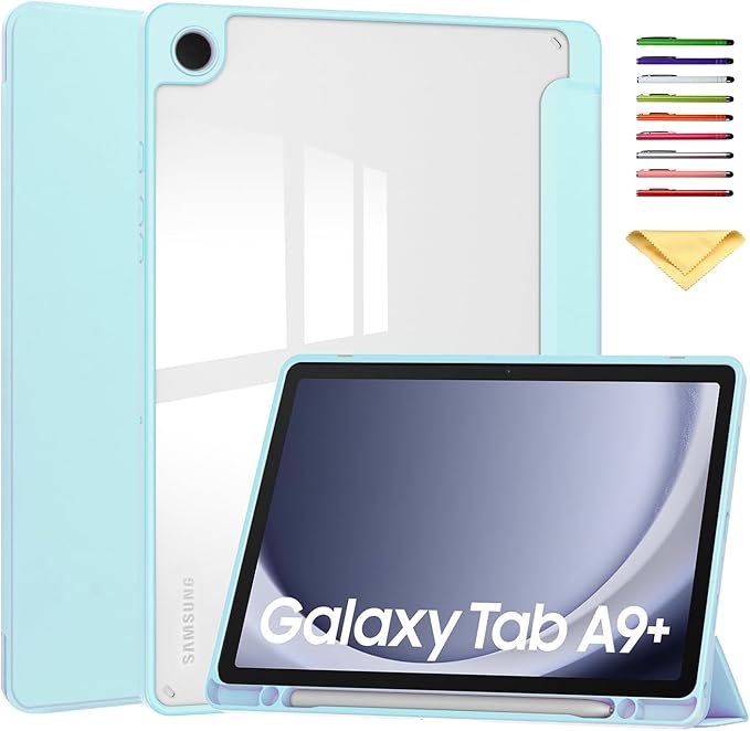 Stand Case for Galaxy Tab A9 Plus 11 Inch 2023 (SM-X210/X216/X218) UUcovers Trifold Cover with Pencil Holder [Auto Sleep/Wake] Clear Transparent Back Shell &amp TPU Shockproof Frame Sky Blue