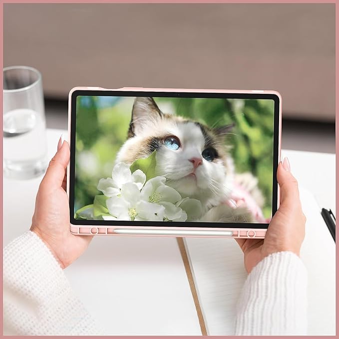 Case for Galaxy Tab S9 Ultra/S10 Ultra 14.6 Hard Crystal Clear Back Shell. Flexible Soft TPU Bumper with Pen Holder-Slim Folding Stand Folio Cover Fits Tab S9 Ultra/S10 Ultra Pink