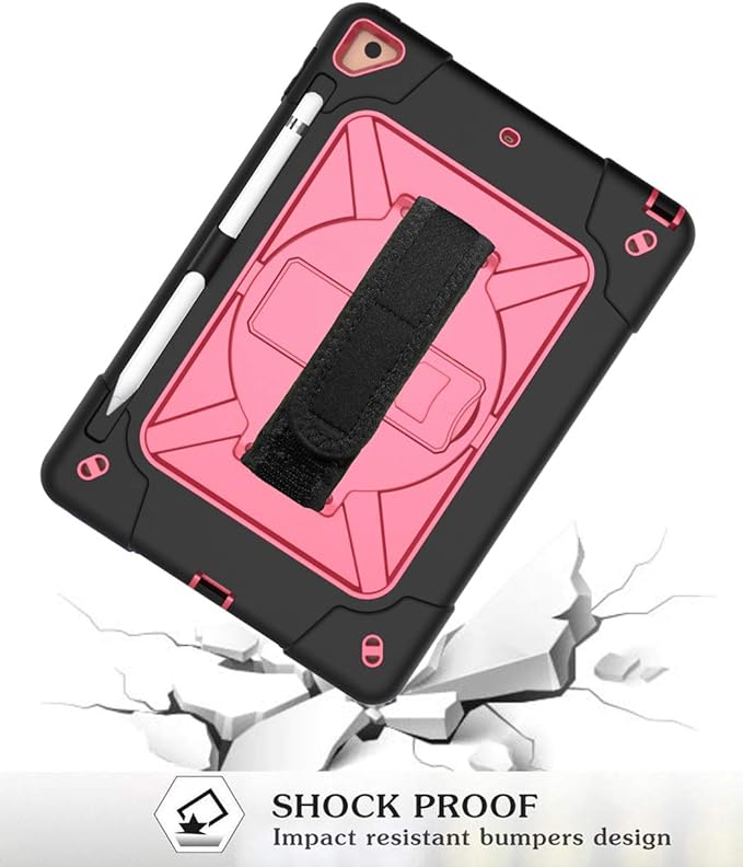 Jaorty for iPad air 2/iPad Pro 9.7 2016 case360 Rotable Handle Kickstand Layer Pencil Holder Shockproof with Strap Shoulder Case for iPad 6th/5th GenerationNew iPad 9.7 2017/2018Black+Rosered