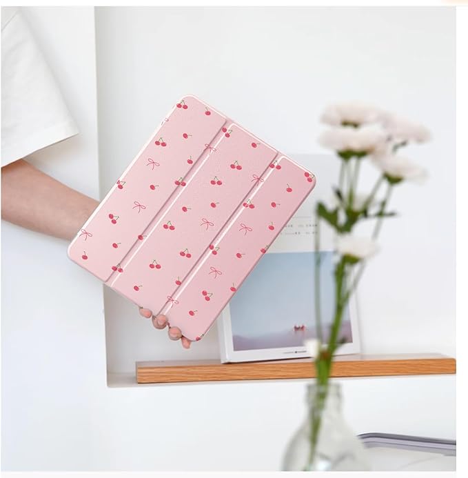 Cute Kawaii Cherry Bow for iPad Pro 11 Inch Case (M5/M4) 2025/2024 with Pencil Holder Auto Sleep/Wake Pink Leather Clear Acrylic Back Cover