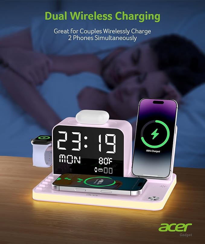 Acer 7-in-1 Wireless Charging Station with LED Clock - 30W Fast Wireless Charger for iPhone 16/15/14/13/12/Pro Max Apple Watch AirPods - Bluetooth Auto Time Sync &amp Night Lights (Purple)