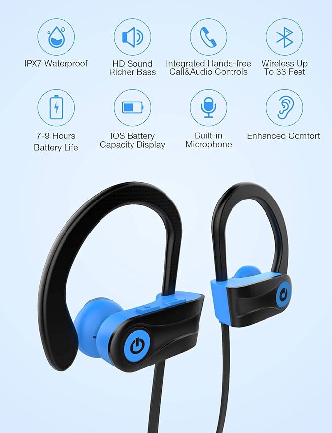 Bluetooth Headphones Otium Wireless Sports Earbuds Waterproof IPX7 w/Mic HD Stereo in-Ear Earphones Case Fast Pairing Gym Running Workout 10 Hrs Battery Noise Cancelling Headsets