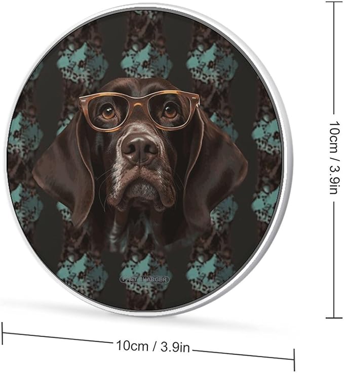 German Shorthaired Pointer in Glasses Wireless Charger Fast Wireless Charging Pad with USB Cable 10W Anti-Slip Magnetic Wireless Charger Portable Slim Charger Puck Travel Charging Station