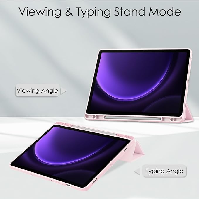 for Samsung Galaxy Tab S10 Lite/ S10 FE/ S9 FE 10.9 Inch Tri-Fold Smart Tablet Case with Pen Holder Shockproof Protective Cover W Transparent Back Shell Auto Wake/SleepPink