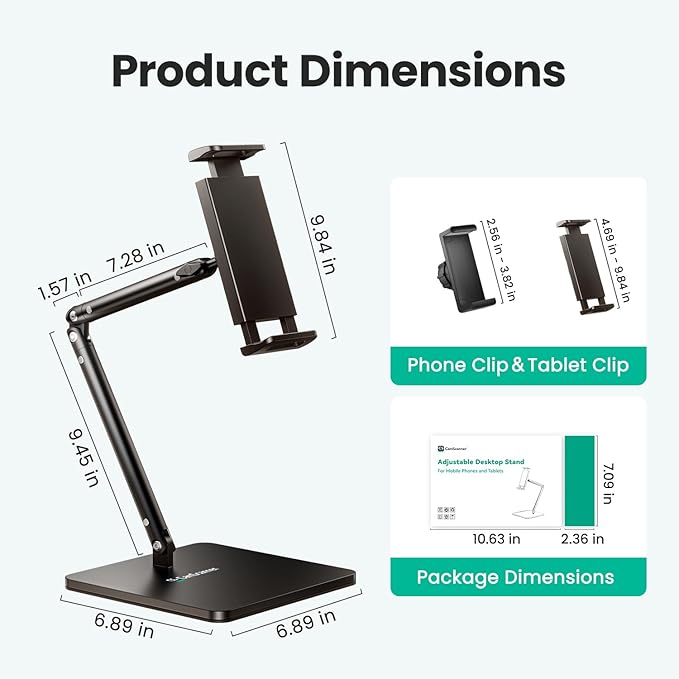 Ergonomic Phone iPad Stand for Desk - Ultra Sturdy Base Adjustable &amp Foldable Mobile Holder with 2 Extendable Clamps Work from Home Essentials Compatible with iPhone/iPad (1 Pack)