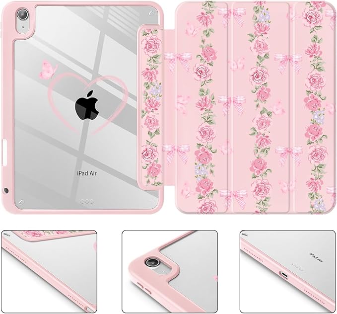 May Chen Case for iPad Air 13 Inch M4 2026 M3 2025 M2 2024 [Built-in Pencil Holder] Shockproof Cover with Clear Transparent Back Shell Auto Sleep/Wake Cover Bow &amp Rose Flower
