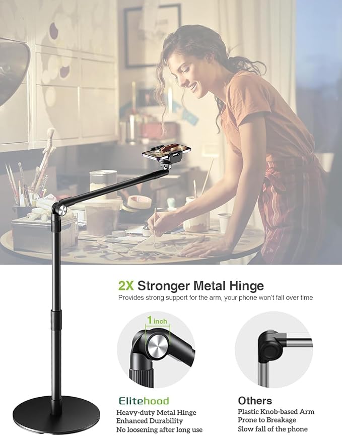 elitehood Heavy Duty Aluminum Overhead Phone Stand 15 in Long Arm iPhone Holder for Video Recording 360 Degrees Swivel Tilt Overhead Phone Mount for Filming Meeting Cooking Painting and Crafting