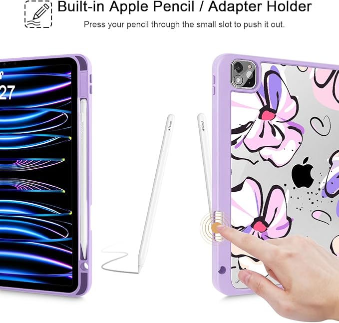 Mektron Case for iPad Pro 11 inch (4th 3rd 2nd &amp 1st Gen) 2022 2021 2020 2018 Buit in Pencil Holder with Shockproof Cover Clear Shell + Auto Wake/Sleep Pink Flowers