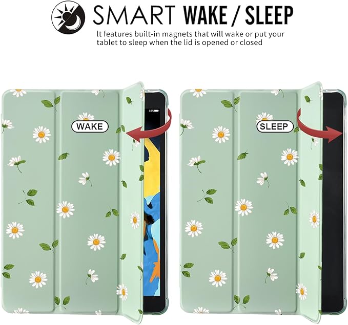 JOYLAND Cute Daisy for iPad 7th/8th/9th Generation Case (2019/2020/2021) 10.2 inchwith Pencil Holder-Premium Shockproof Case with Soft TPU Back Cover &amp Auto Sleep/WakeGreen Shell