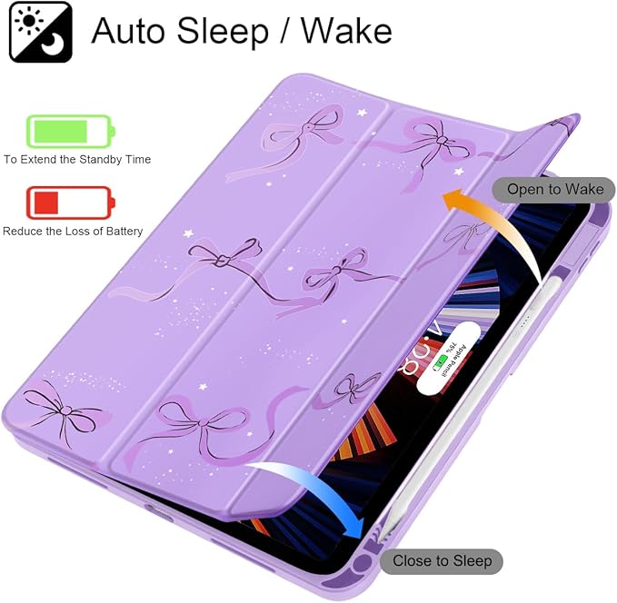 May Chen Case for iPad Air 13 Inch M4 2026 M3 2025 M2 2024 [Built-in Pencil Holder] Shockproof Cover with Clear Transparent Back Shell Auto Sleep/Wake Cover Purple Bows