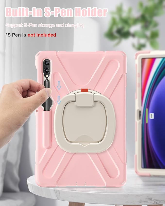 BRAECN Case for Samsung Galaxy Tab S10+/S9 FE+/S9+ 12.4” 2024 Rugged Silicone Cover with Shoulder Strap/S Pen Holder/Screen Protector/Kickstand/Handle Grip for Tab S9+/S8+/S7 FE/S7+ Sakura Pink
