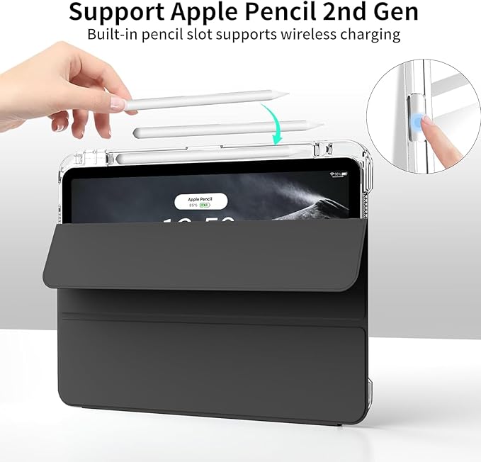 Case for iPad Air 13 Inch M3/M2 (2025/2024) &amp Pro 12.9 Inch 6th/5th/4th/3rd Generation 2022/2021/2020/2018 with Pencil Holder 2 in 1 Detachable Trifold Sliding Cover with Clear Back Shell Black