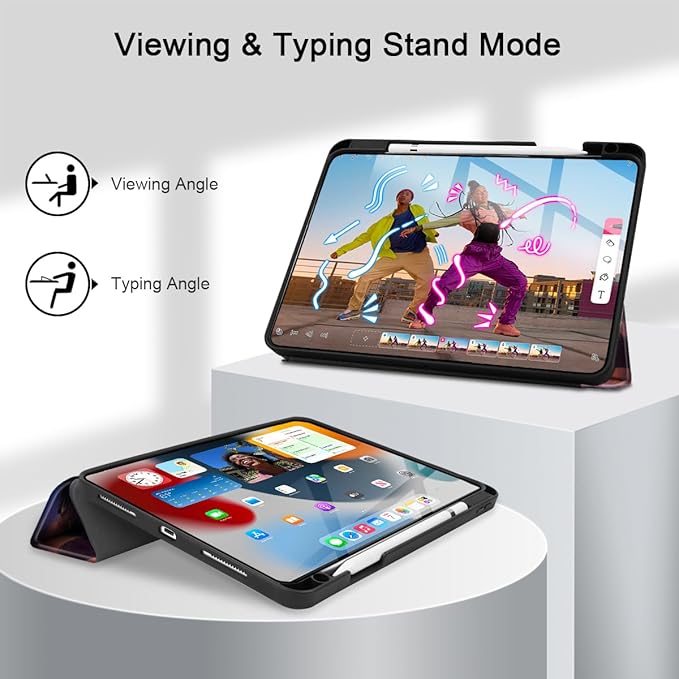Tuiklol Case for iPad Pro 12.9 inch M2 Generation 6th / 5th / 4th / 3rd 2022 2021 2020 2018 Release - Built in Pencil Holder Slim Protective Cover with Auto Wake/Sleep Cat and Moon