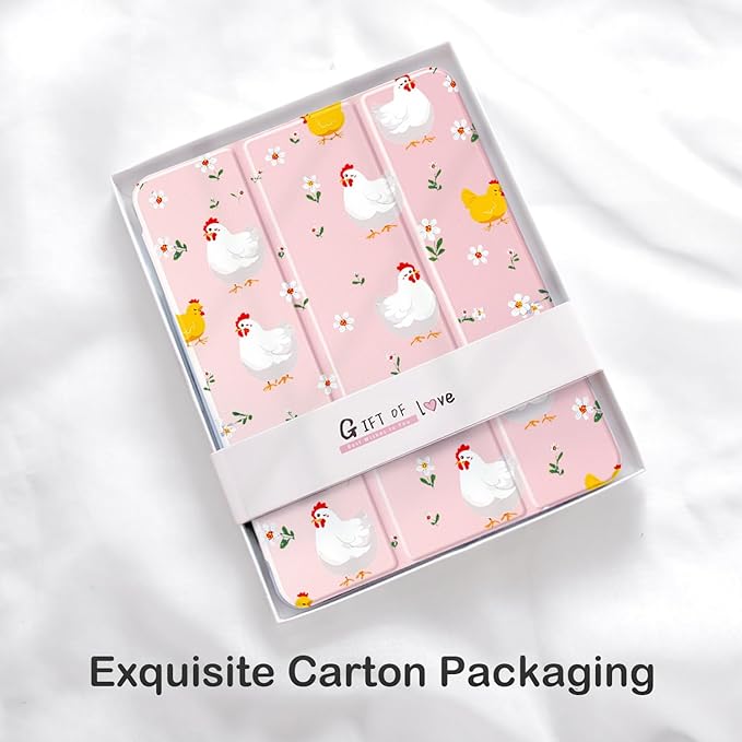 Cute Kawaii Chicken Flower for iPad Air 11 Inch Case 7th/6th Generation (M3/M2) 2025/2024 with Pencil Holder Auto Sleep/Wake Pink Leather Clear Acrylic Back Cover