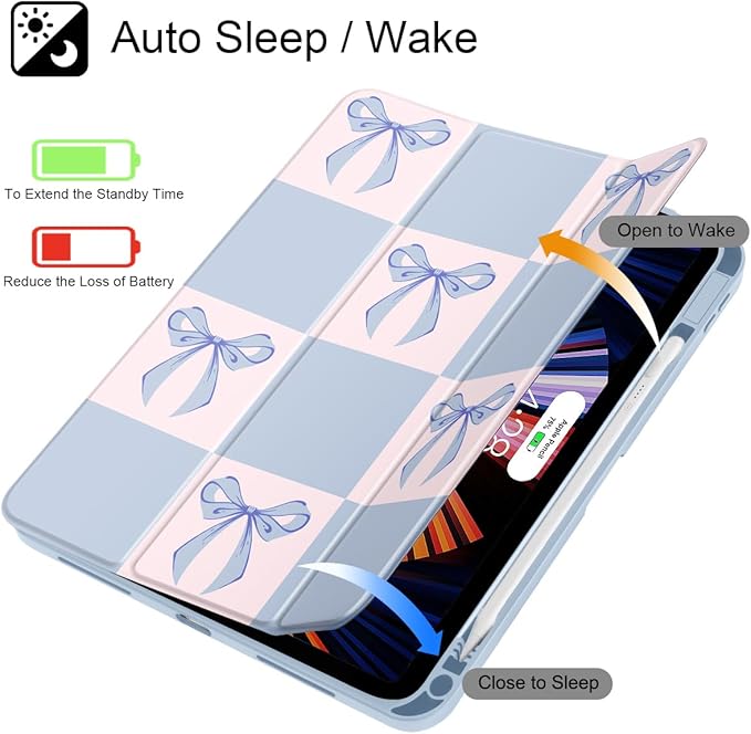 Case for iPad (A16) 11th Generation 11 Inch (2025) iPad 10th Generation 10.9 Inch (2022) Shockproof Cover with Clear Transparent Back Shell &amp Pencil Holder Blue Square Bow
