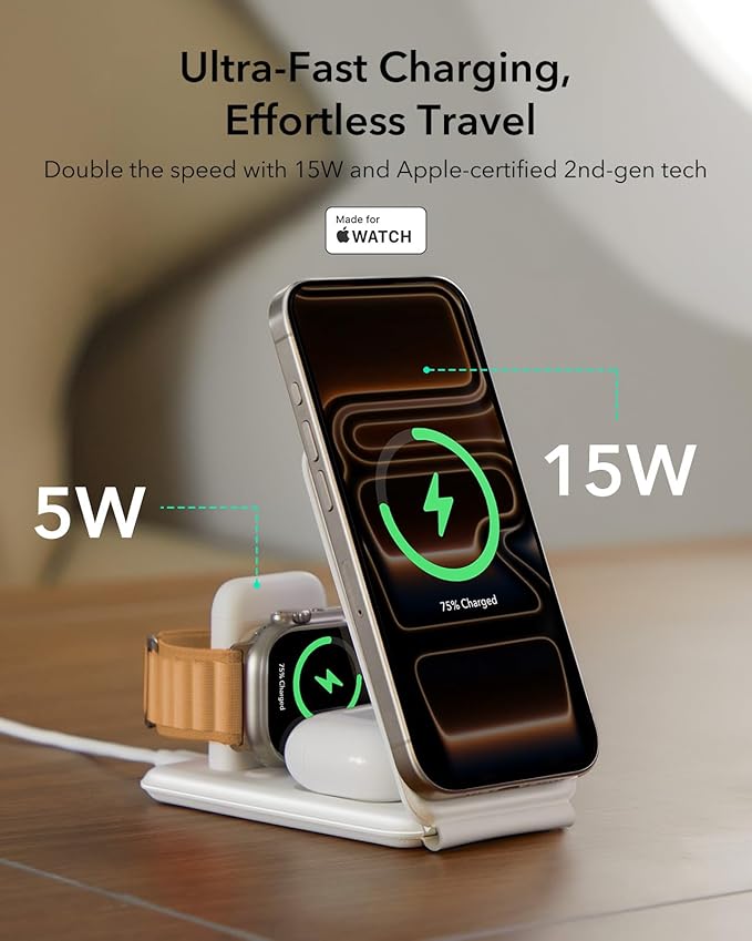 ESR 3 in 1 Charging Station for Apple 15W MagSafe Charger Stand MagSafe Travel Charger for iPhone 17/16/15/14/13/12 Series Watch AirPods White (Bag Included)