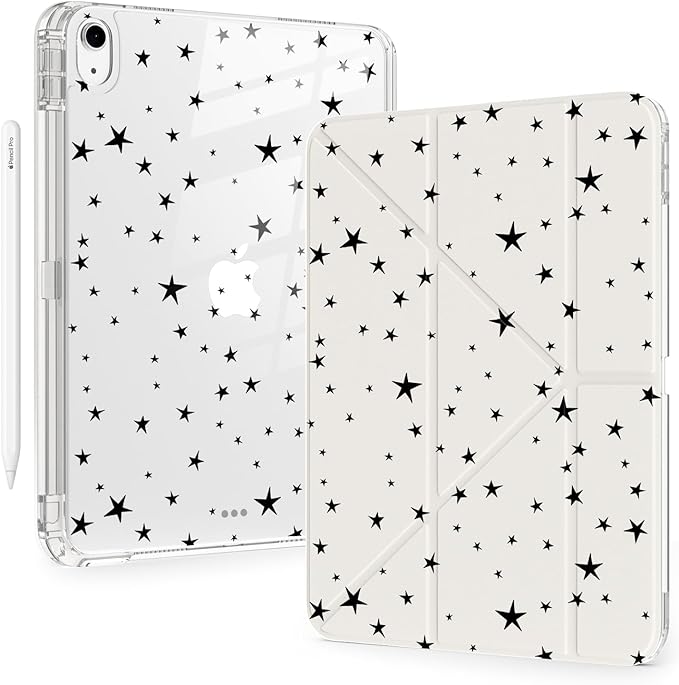 Cute Black Stars for iPad 7th/8th/9th Generation Case 10.2 Inch 2019/2020/2021 with Pencil Holder Auto Sleep/Wake White Leather Acrylic Back Detachable Cover
