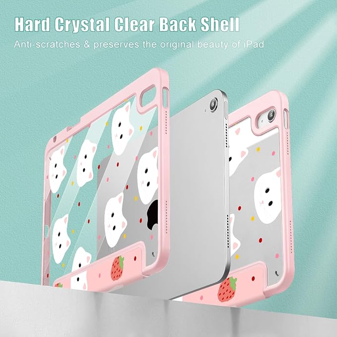 Case for iPad 11 inch A16 2025 Generation 11th / iPad 10.9 inch 2022 10th Gen Buit in Pencil Holder with Shockproof Cover Clear Transparent Back Shell Auto Wake/Sleep Cat Strawberry