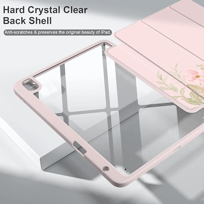 Batianda Hybrid Case for iPad Air 2022 (5th Generation M1 Chip) / iPad Air 4th 2020 10.9 inch [Built-in Pencil Holder] Shockproof Cover with Clear Transparent Back Shell TPU BumperPink Flower