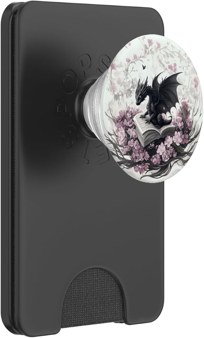 Ethereal Dragon on Book with Pink Flowers Dark Fantasy Art PopSockets PopWallet for MagSafe