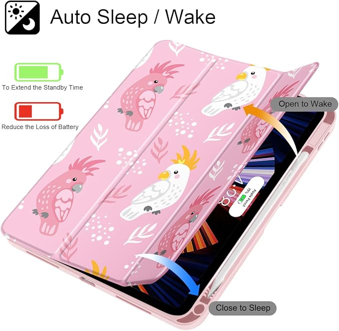 Case for iPad Air 11'' (M4 2026/M3 2025/M2 2024)/ iPad Air 10.9'' Air 5th /4th Gen Shockproof Cover with Clear Back Shell &amp Penceil Holder Auto Wake/Sleep Stand Cover Parrots