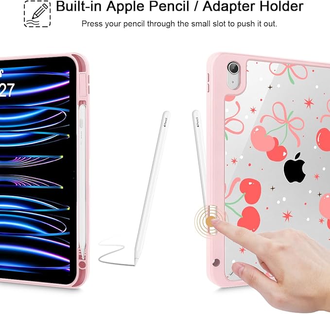 May Chen for iPad Air 11-inch M4/M3/M2 (2026/2025/2024) iPad Air 5th/4th 10.9 Inch - Shockproof Cover with Clear Back Shell &amp Penceil Holder Auto Wake/Sleep Stand Cover Coquette Cherry