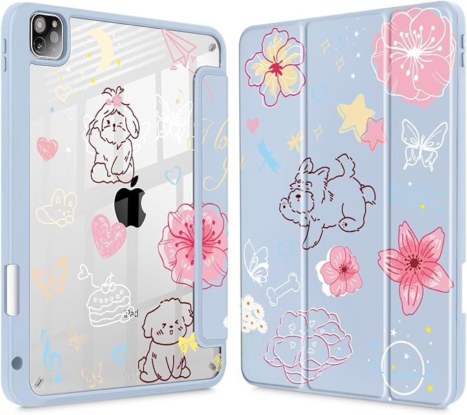 May Chen for iPad Pro 11 inch M2 4th Generation 2022 iPad Pro 11 3rd/2nd/1st Gen Case with Transparent Shockproof Back Cover [Built-in Pencil Holder Auto Sleep/Wake Blue Flower Dog