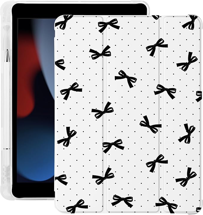 Cute Black Polka Dot Bow for iPad mini 7 A17 Pro 2024/iPad Mini 6 Case with Pencil Holder Auto Sleep/Wake White Leather Soft TPU Back Cover