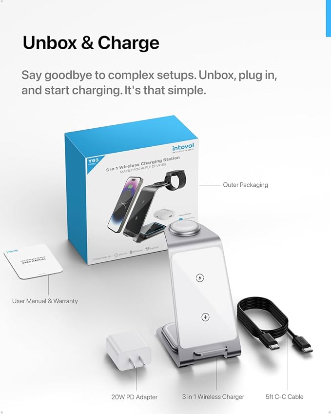 Intoval Aluminum 3 in 1 Wireless Charging Station for iPhone 17 16 15 14 13 12 11 Pro Max XR Wireless Charger for Apple Watch 11 10 9 8 7 Ultra SE 3 2 Phone Charger for AirPods 4 Pro 2 3 (Silver)