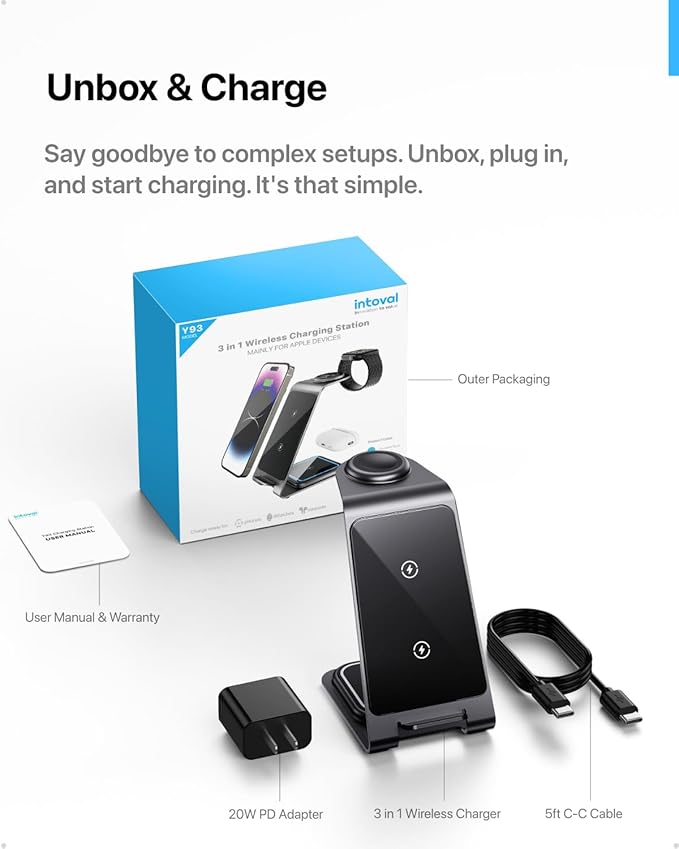 Intoval Aluminum 3 in 1 Wireless Charging Station for iPhone 17 16 15 14 13 12 11 Pro Max XR Wireless Charger for Apple Watch 11 10 9 8 7 Ultra SE 3 2 Phone Charger for AirPods 4 Pro 2 3 (Grey)