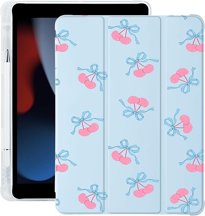 Cute Bow Cherry Kawaii for iPad 7th/8th/9th Generation Case with Pencil Holder Auto Sleep/Wake Blue Leather Soft TPU Back Cover for iPad 10.2 Inch 2019/2020/2021