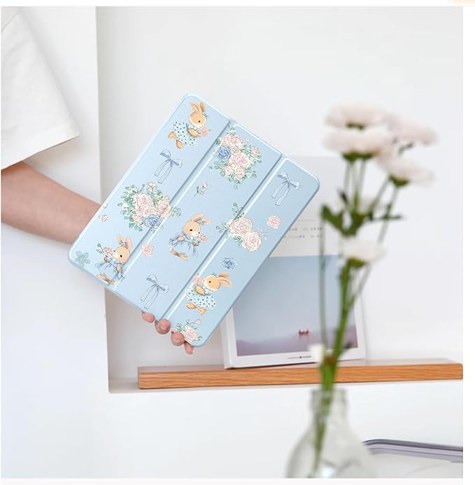 Cute Kawaii Bunny Flower Bow for iPad Air 11 Inch Case 7th/6th Generation (M3/M2) 2025/2024 with Pencil Holder Auto Sleep/Wake Blue Leather Clear Acrylic Back Cover
