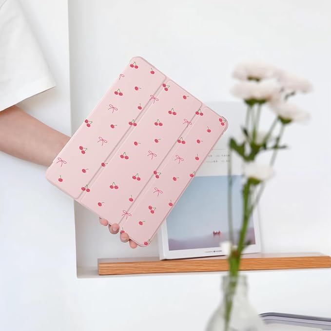 Cute Kawaii Cherry Bow for iPad Air5/Air4 Case with Pencil Holder Auto Sleep/Wake Pink Leather Soft TPU Back Cover for iPad 10.9 Inch 2022/2020