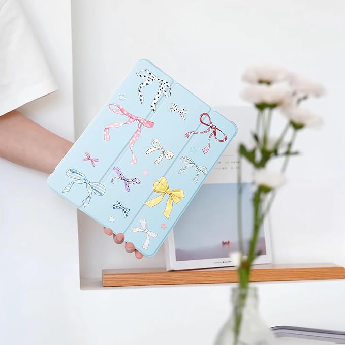 Cute Kawaii Ribbon Bow for iPad Pro 11 Inch Case (M5/M4) 2025/2024 with Pencil Holder Auto Sleep/Wake Blue Leather Soft TPU Back Cover