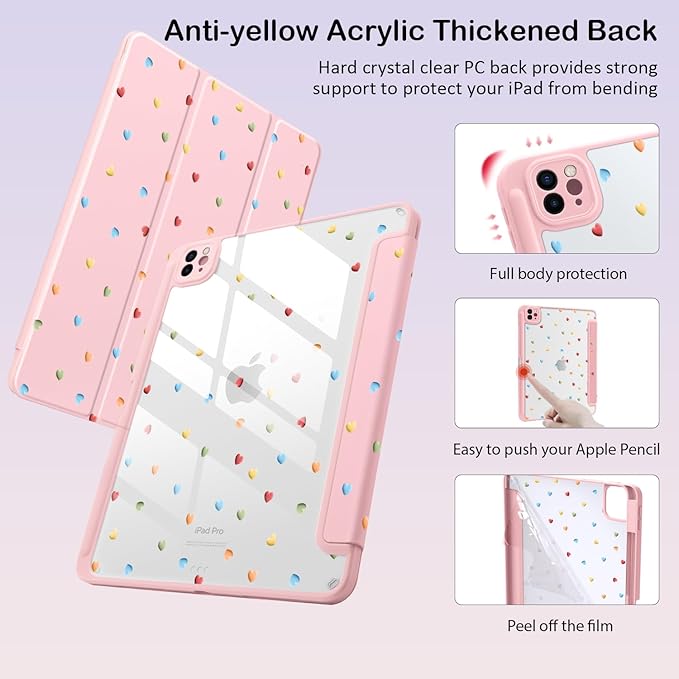 Cute Kawaii Love Heart for iPad 7th/8th/9th Generation Case 10.2 Inch 2019/2020/2021 with Pencil Holder Auto Sleep/Wake Pink Leather Acrylic Back Cover