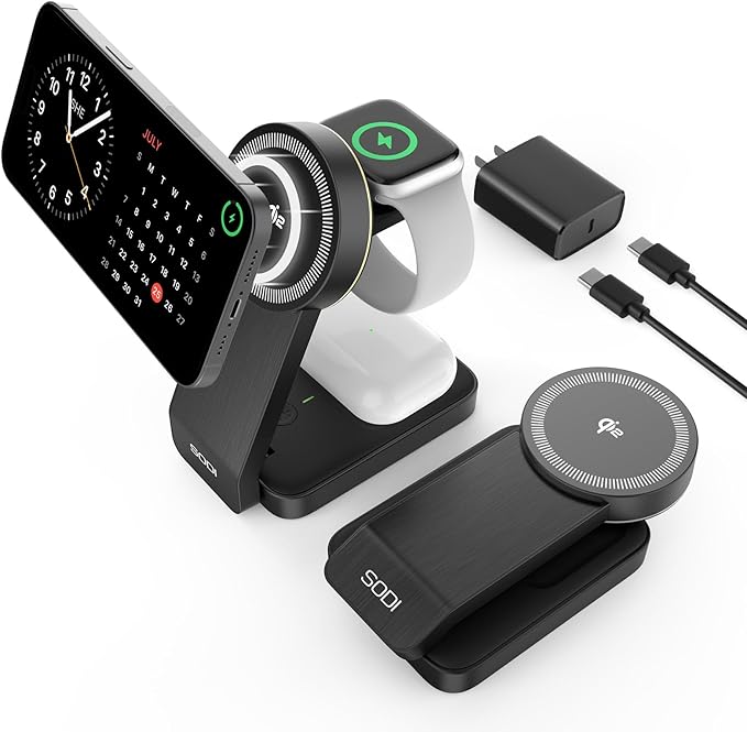 SODI Qi2 3-in-1 Foldable Wireless Charging Station with Night Light Fast 15W Portable Travel Charger Stand Nightstand Charger for iPhone/Android/Apple Watch/AirPods(W79-2)