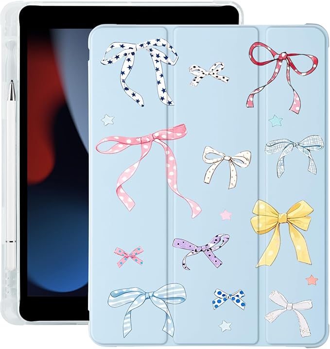 Cute Kawaii Ribbon Bow for iPad Pro 11 Inch Case (M5/M4) 2025/2024 with Pencil Holder Auto Sleep/Wake Blue Leather Soft TPU Back Cover