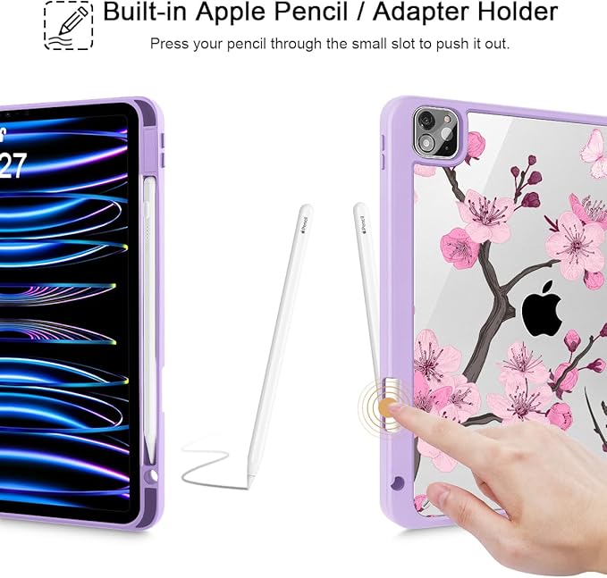 May Chen for iPad Pro 11 inch M2 4th Generation 2022 iPad Pro 11 3rd/2nd/1st Gen Case with Transparent Shockproof Back Cover [Built-in Pencil Holder Auto Sleep/Wake Pink Cherry Blossom