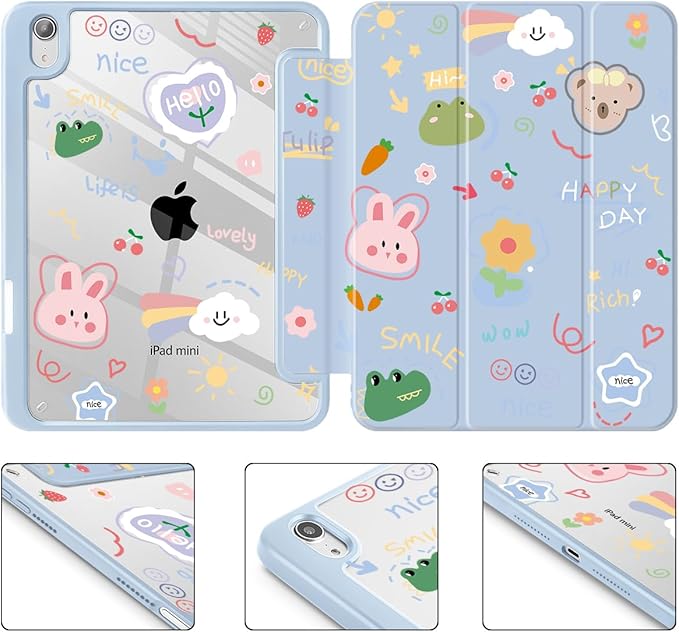 May Chen Case for iPad mini 7 (A17 Pro 7th Generation) 2024 / iPad mini 6 (6th Gen) 8.3 Inch [Built-in Pencil Holder] Shockproof Cover Clear Clear Back Shell Auto Wake/Sleep Cartoon Stick Figure