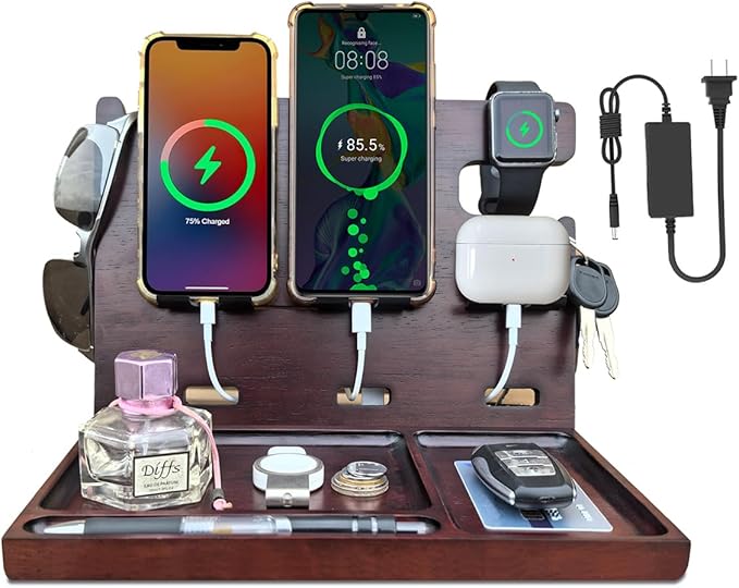 USB Charging Station for Multiple Devices Wood Phone Docking Station with QC3.0 &amp PD 22.5W Type c Charger Fast Charging for iPhone Samsung Google Andriod Smart Watch Earbuds Gifts for Men