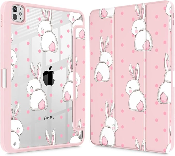 May Chen Case for iPad Pro 11-Inch M5/M4 2025/2024 (6th/5th Generation) [Penceil Holder] Trifold Stand Auto Wake/Sleep Clear TPU Protection Back Cover Cute Rabbit