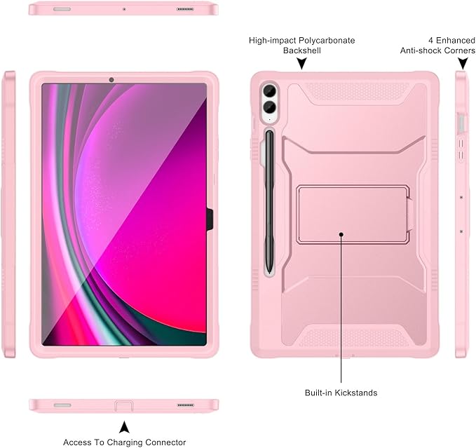 Soke Case for Samsung Galaxy Tab S9 Plus/S9 FE+ 2023 with Built-in Screen Protector &amp Kickstand Rugged Full Body Protective Cover for Galaxy Tablet 12.4 InchPink