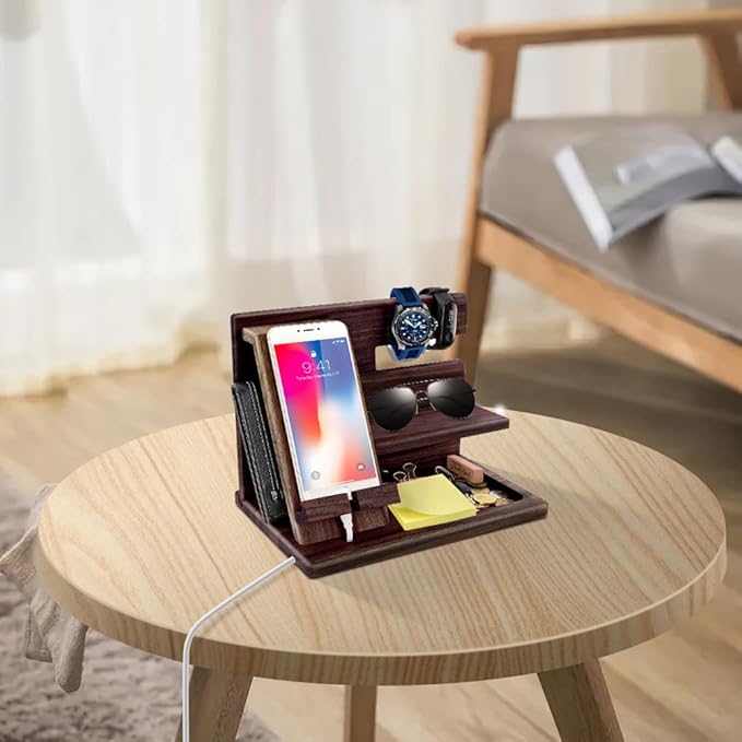 Gifts for Men Christmas Wood Phone Docking Station Mens Gifts for Birthday or Gifts for Dad Fathers Day Desk Workspace Organizer Nightstand Organizer Key for Wallet &amp Watch Holder Husband Chris