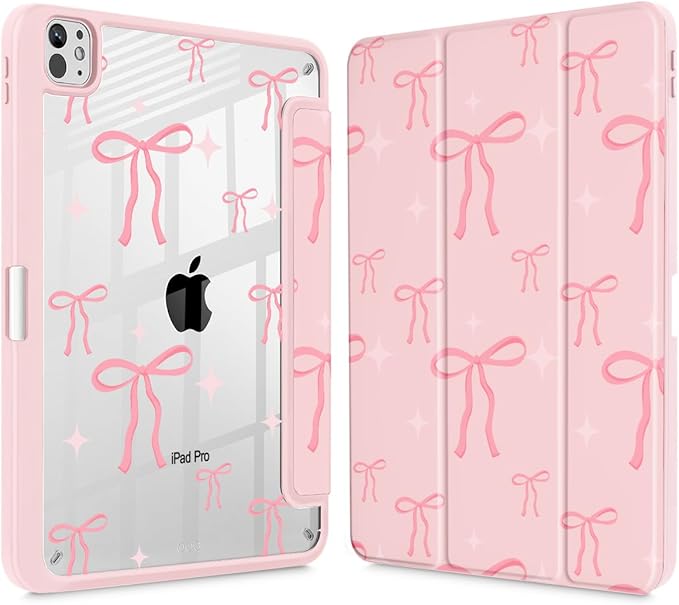 May Chen Case for iPad Pro 11-Inch M5/M4 2025/2024 (6th/5th Generation) Clear Transparent Print Back Shell Slim Stand Shockproof Tablet Cover Auto Wake/Sleep Pink Bows P721